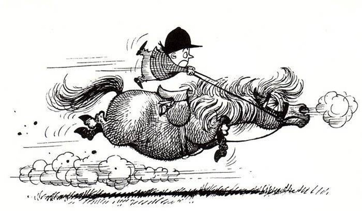 schetstekening van een man die aan een voortsnellend paard hangt